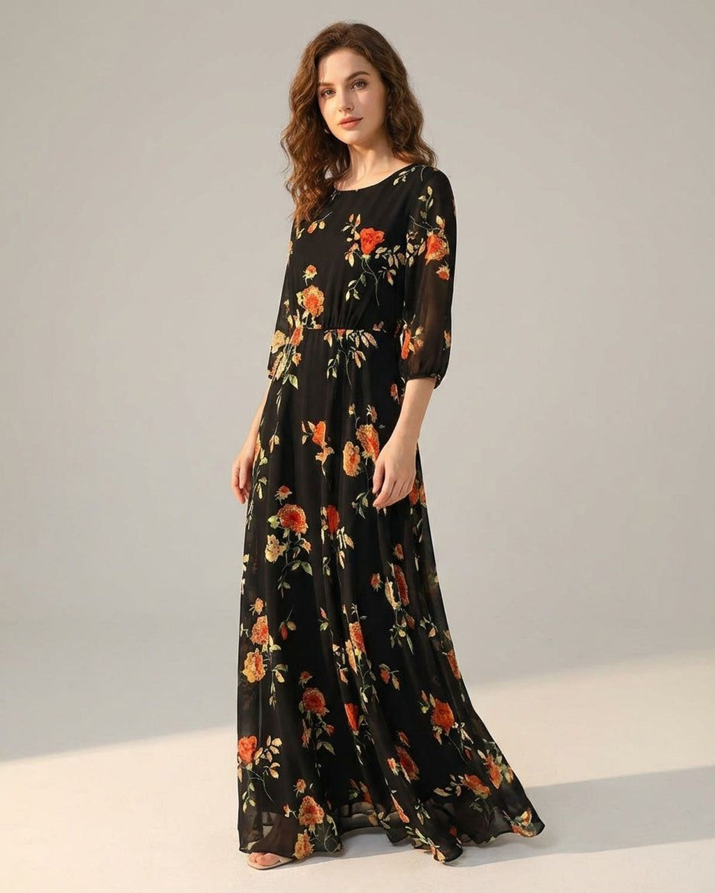 Elodie Varn | Women's Black Floral V Neck Maxi Dress