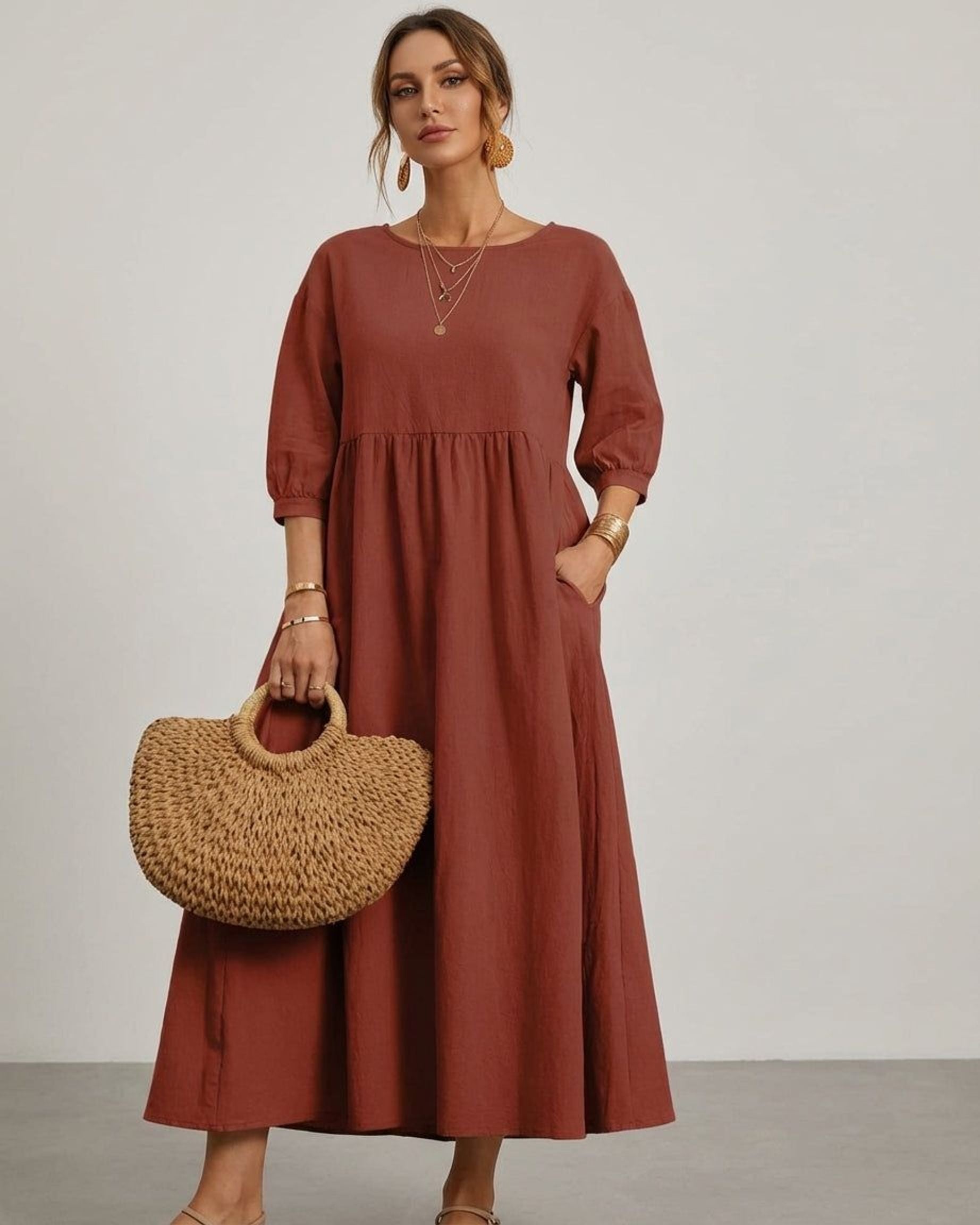 Celeste Brin | Women's Cotton Linen Midi Dress