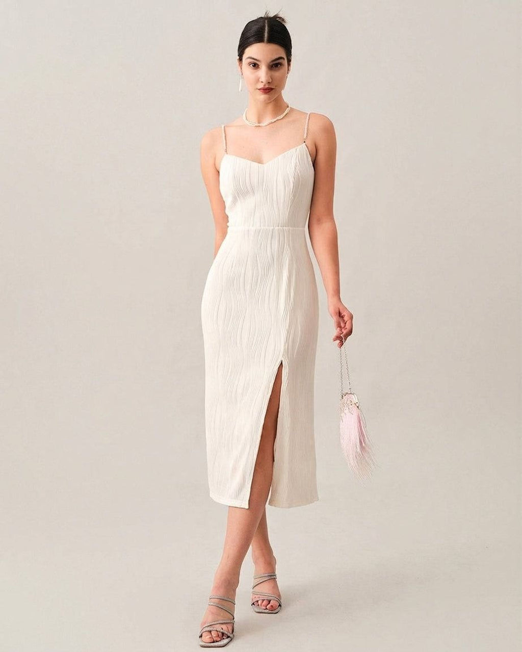 Elodie Varn | Women's Wave Textured Pearl Strap Midi Dress