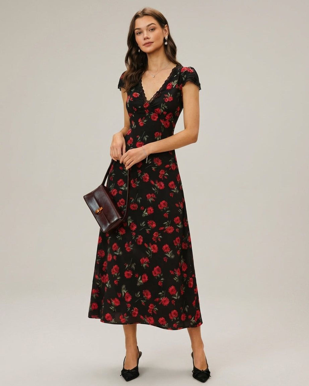 Elena Fros | Women's Black Floral V Neck Maxi Dress