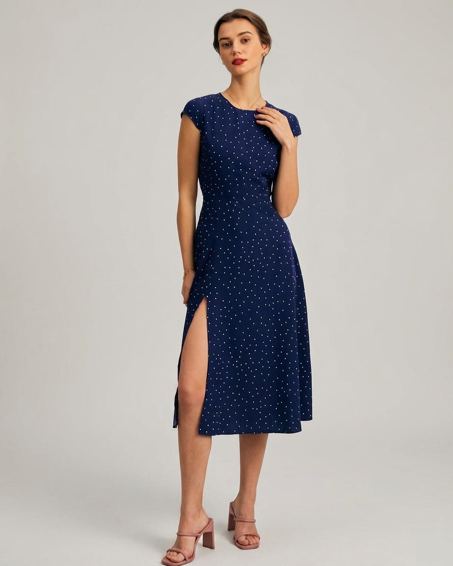 Mila Green | Navy Polka Dot Cutout Midi Dress