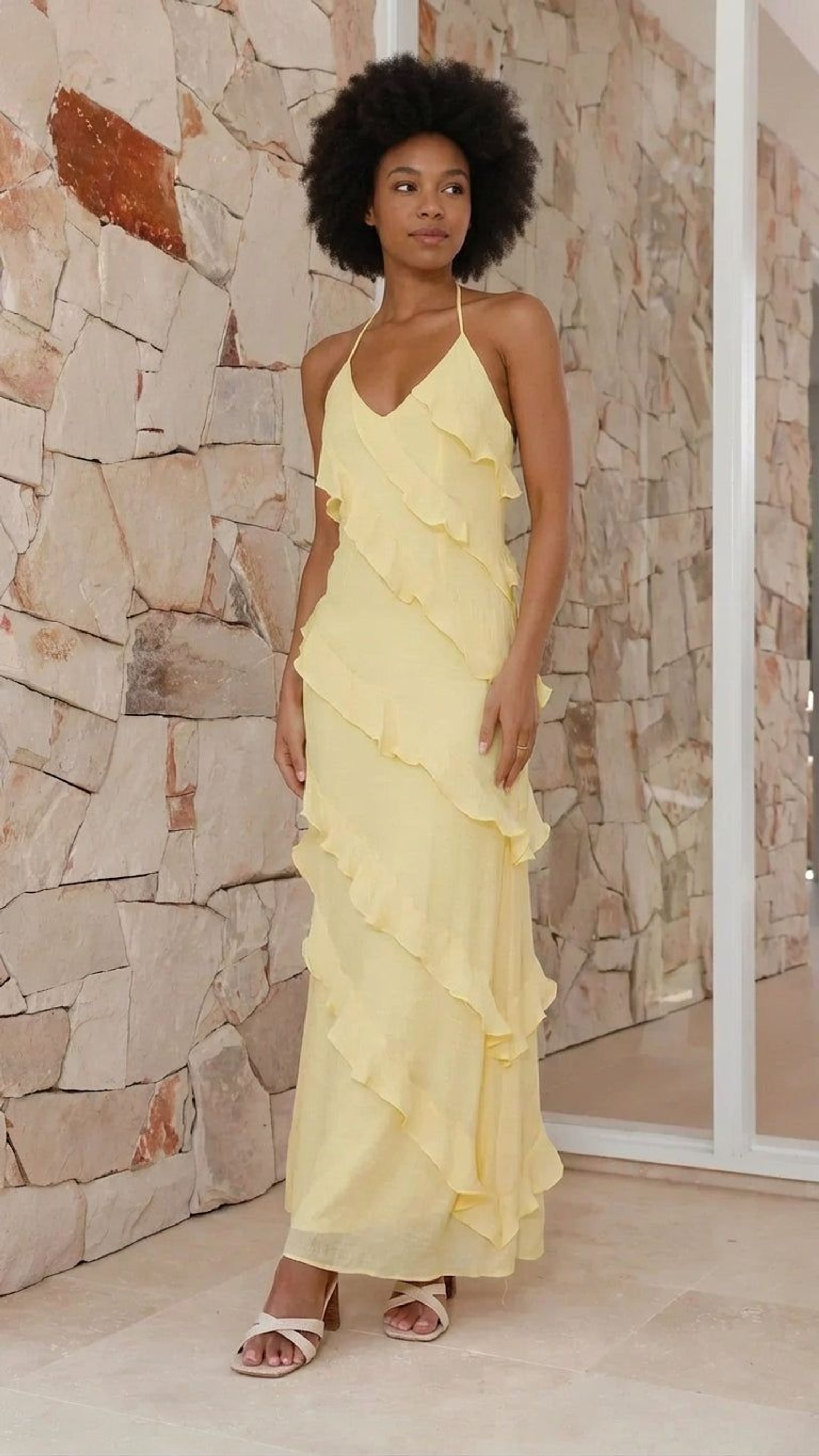 Elise Vant | Women's Halter Maxi Dress in Yellow and Black