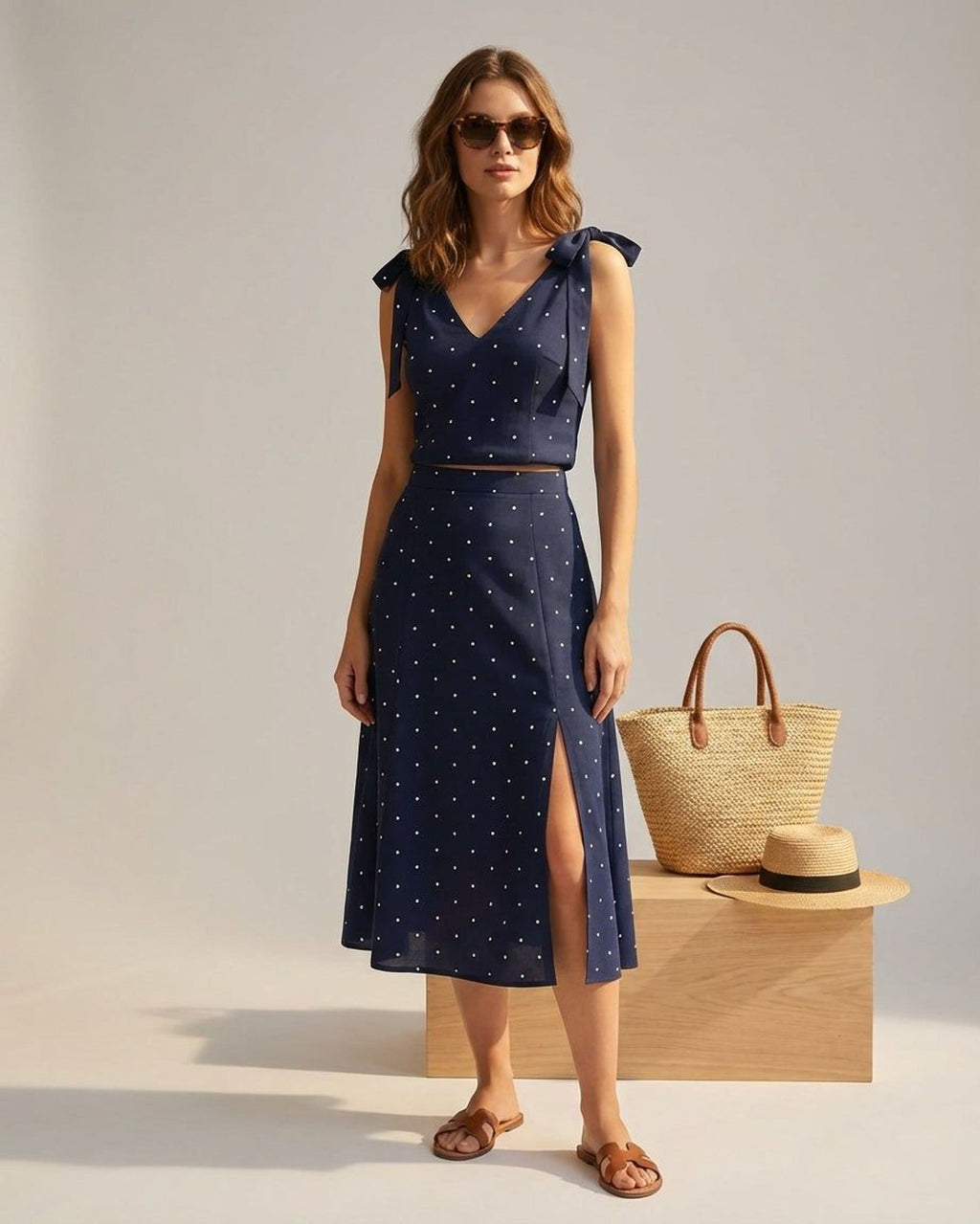 Elena Voss | Women's Navy Polka Dot Midi Skirt