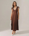 Mila Green | Brown Satin V Neck Maxi Dress