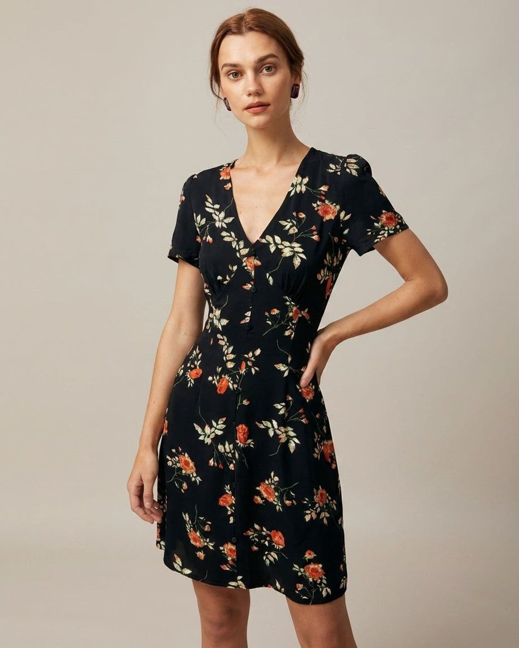 Léa Vance | Women's Black Floral Button Up Mini Dress