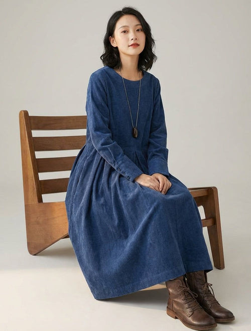 Céleste Varro | Women's French Velvet Dress in Brown, Blue