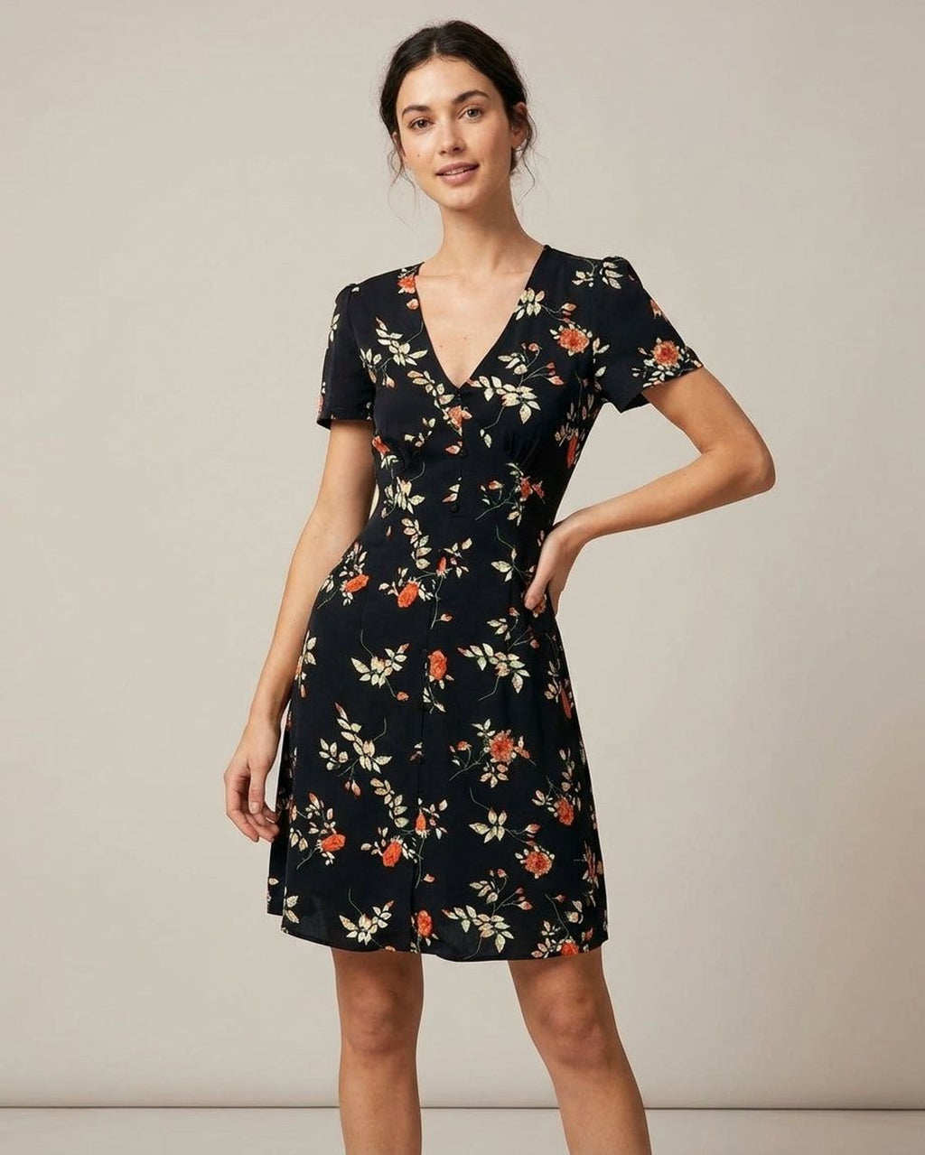 Léa Vance | Women's Black Floral Button Up Mini Dress