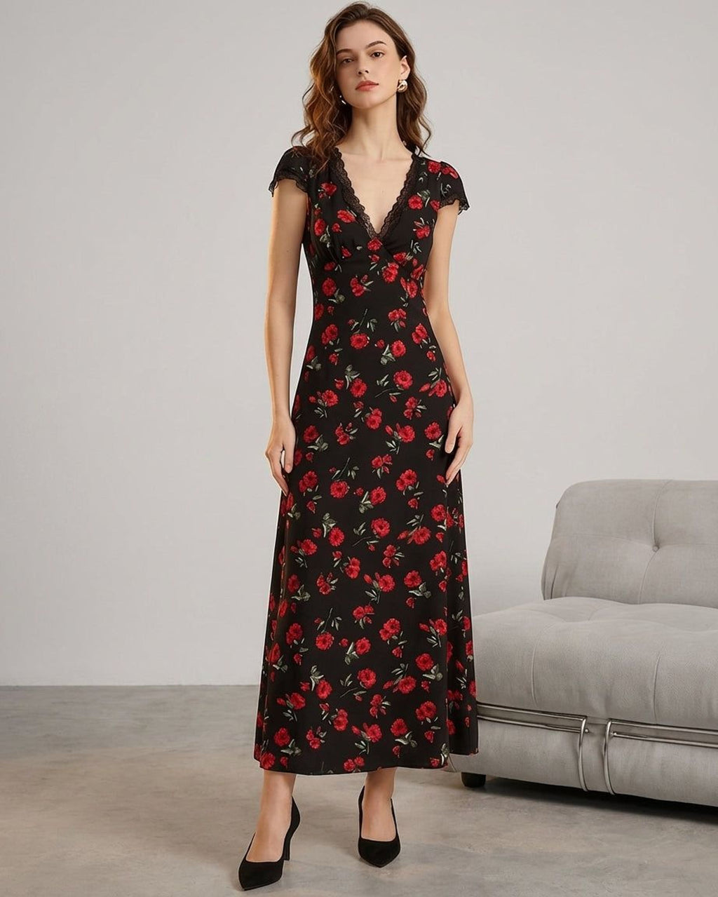 Elena Fros | Women's Black Floral V Neck Maxi Dress