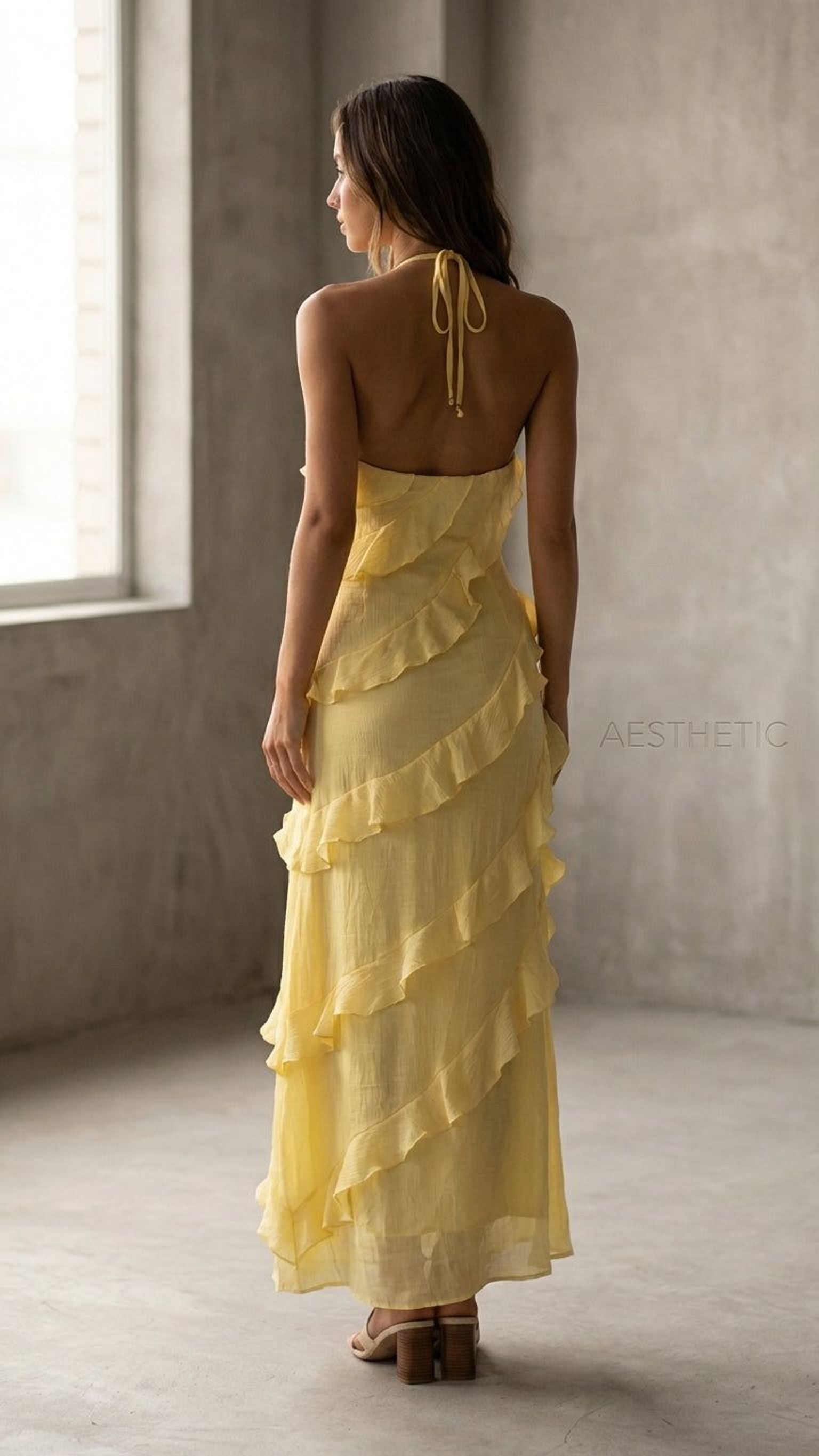 Elise Vant | Women's Halter Maxi Dress in Yellow and Black