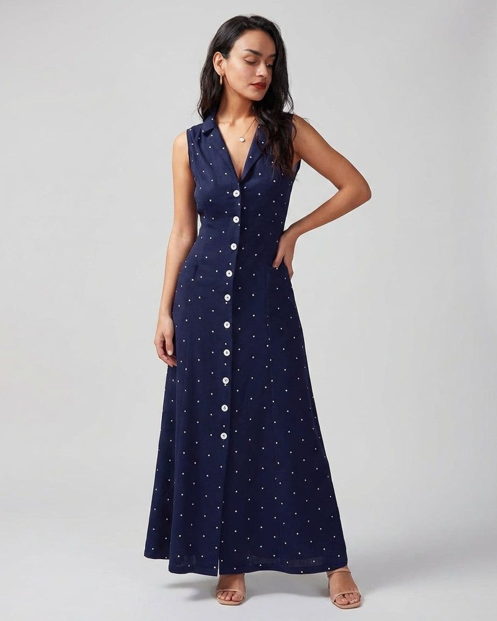 Elodie Ferris | Women's Sleeveless Polka Dot Midi Dress