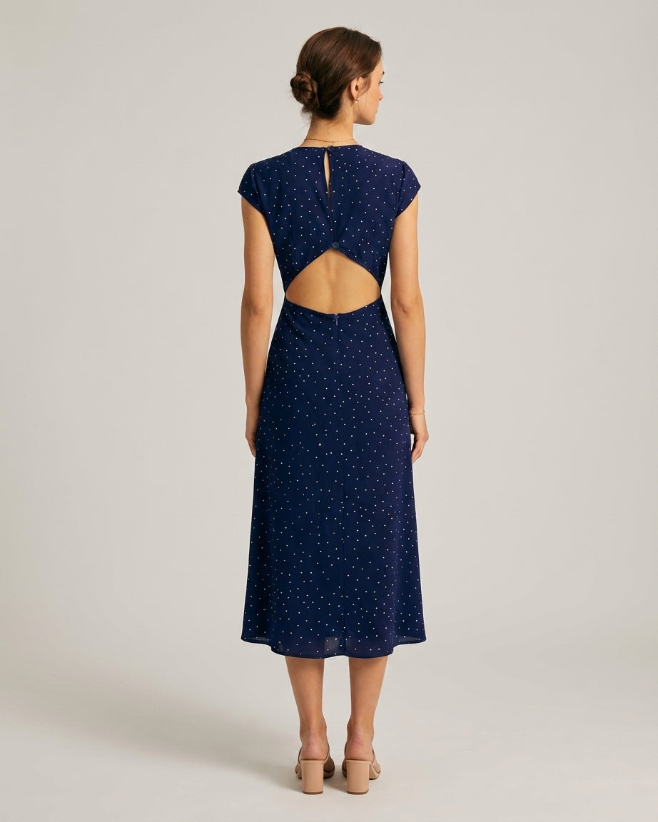 Mila Green | Navy Polka Dot Cutout Midi Dress