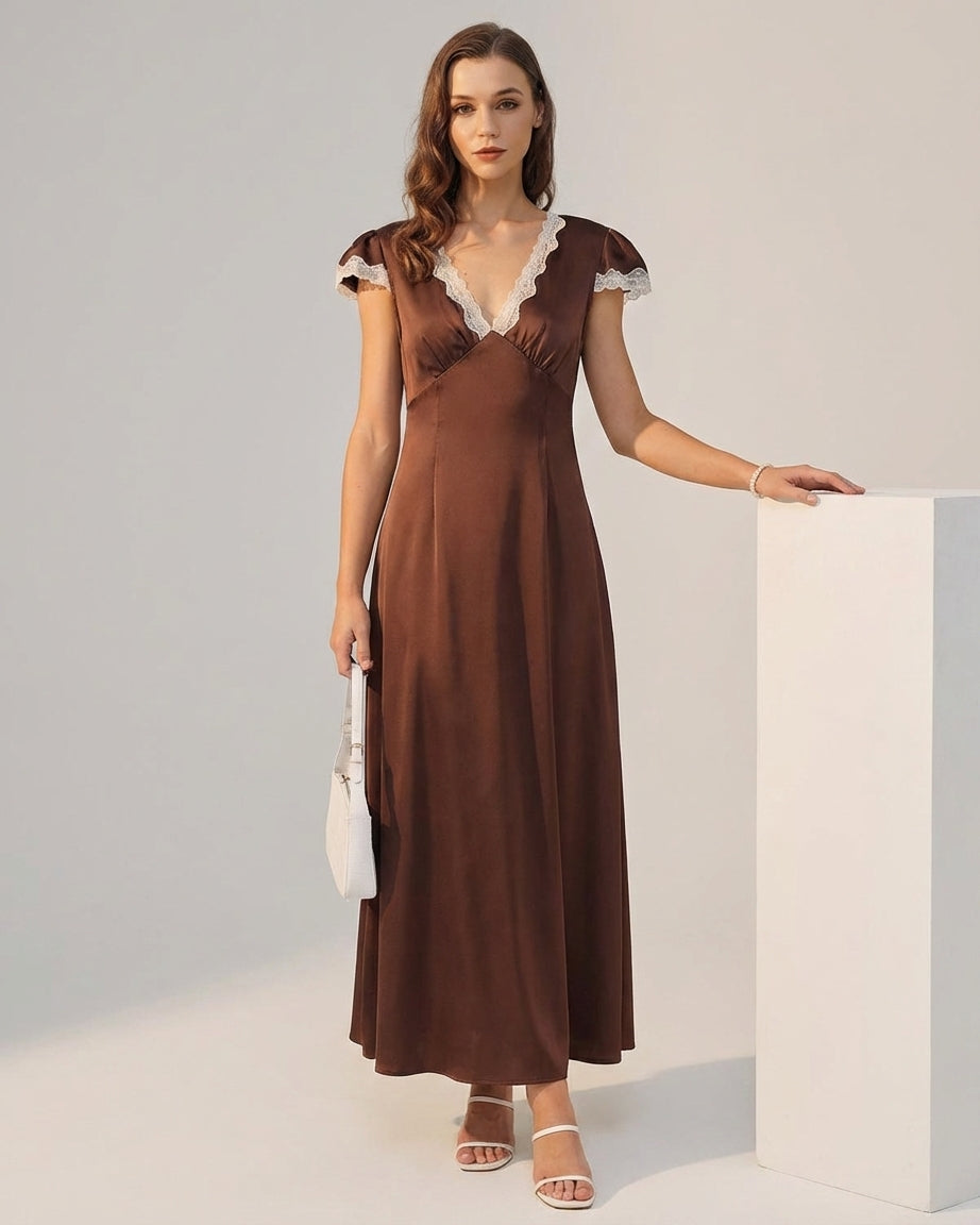 Mila Green | Brown Satin V Neck Maxi Dress