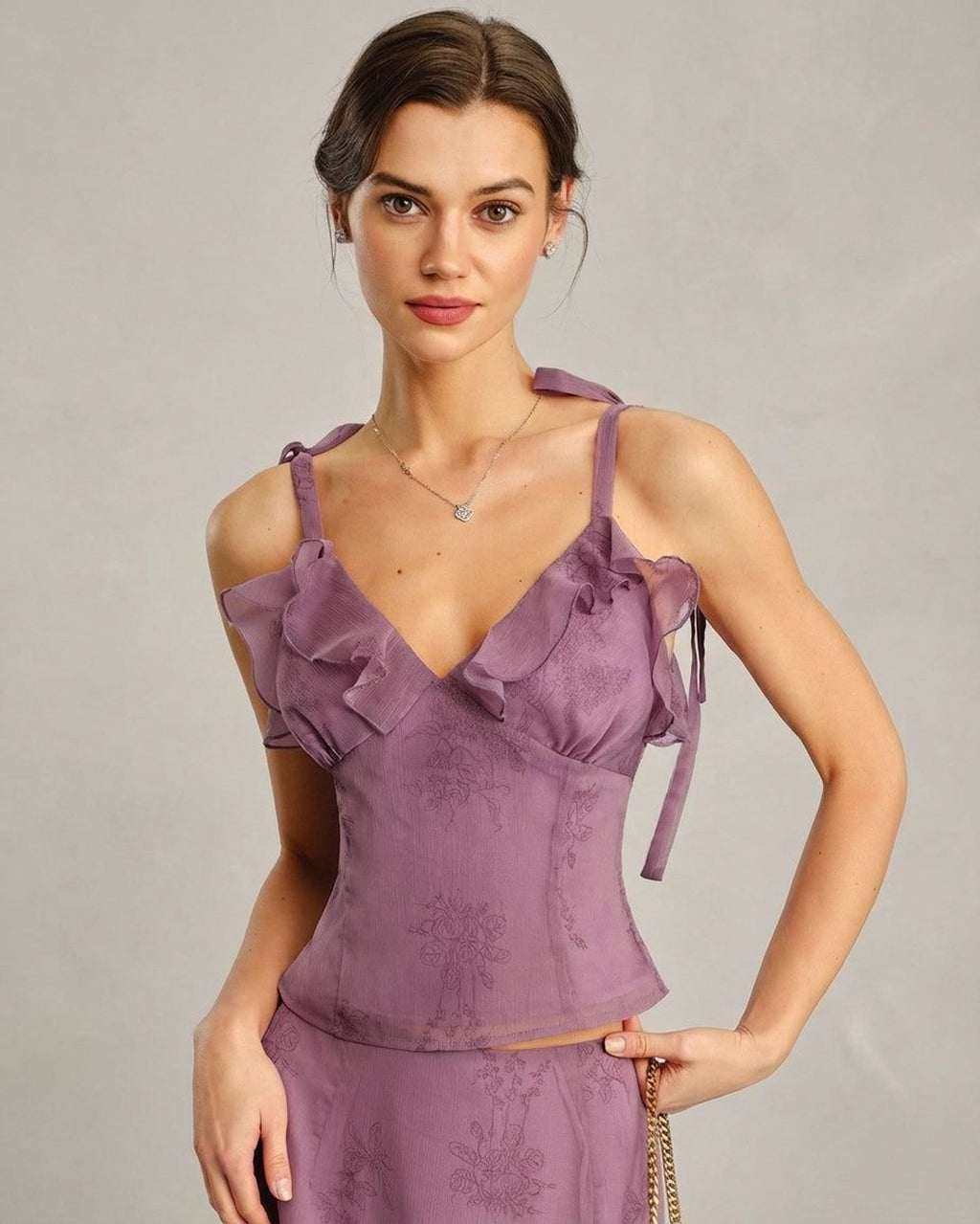 Elodie Vesper | Women's Floral Ruffle Purple Tank Top
