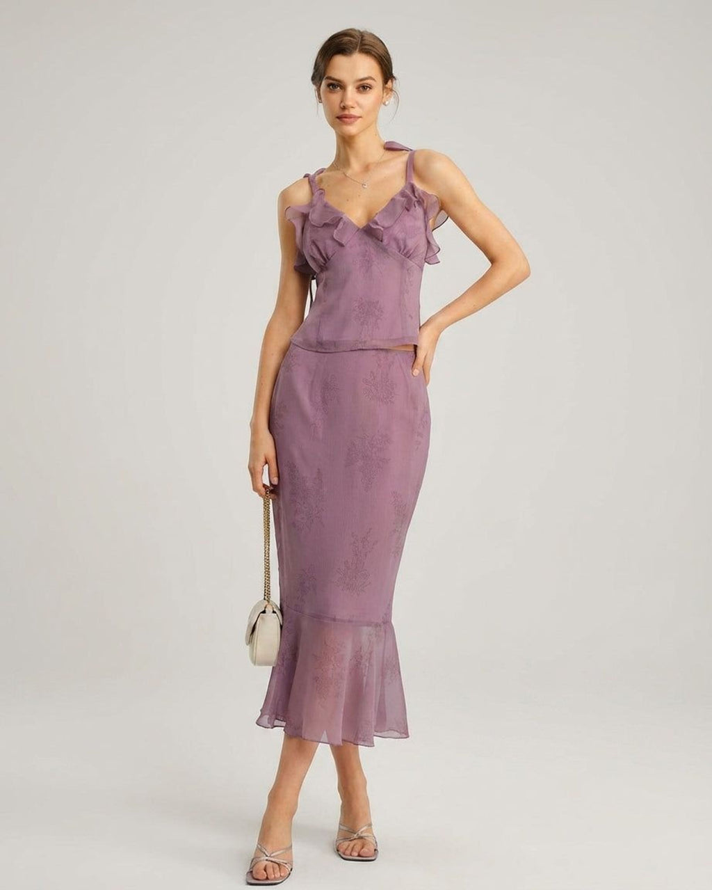 Elodie Vesper | Women's Floral Ruffle Purple Tank Top