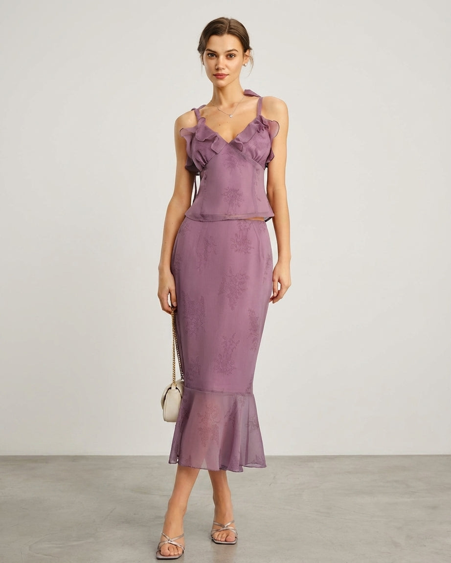Mila Green | Purple Floral Mermaid Midi Skirt