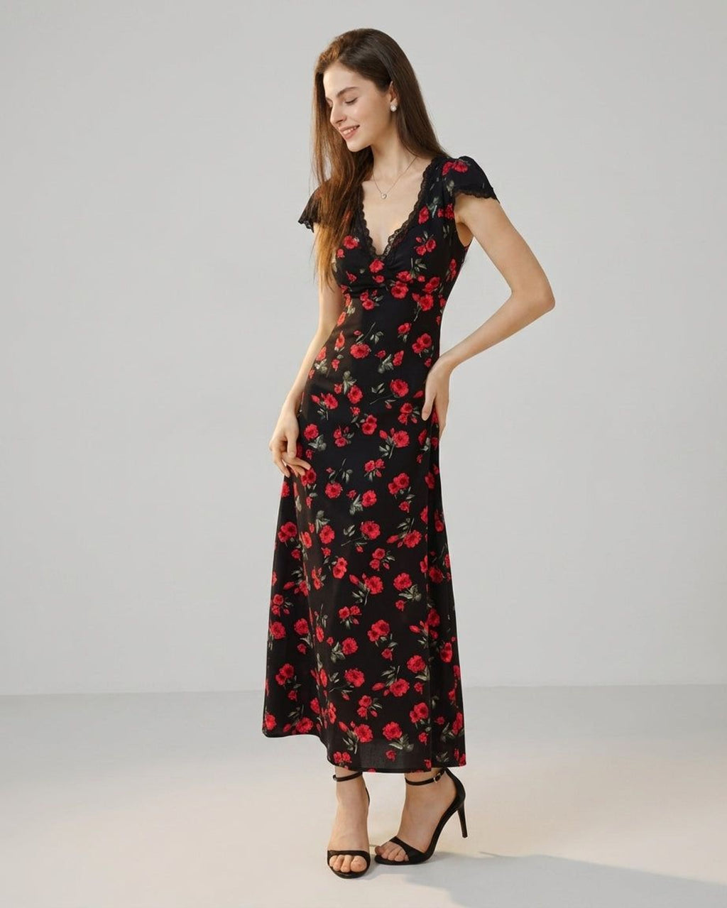 Elena Fros | Women's Black Floral V Neck Maxi Dress