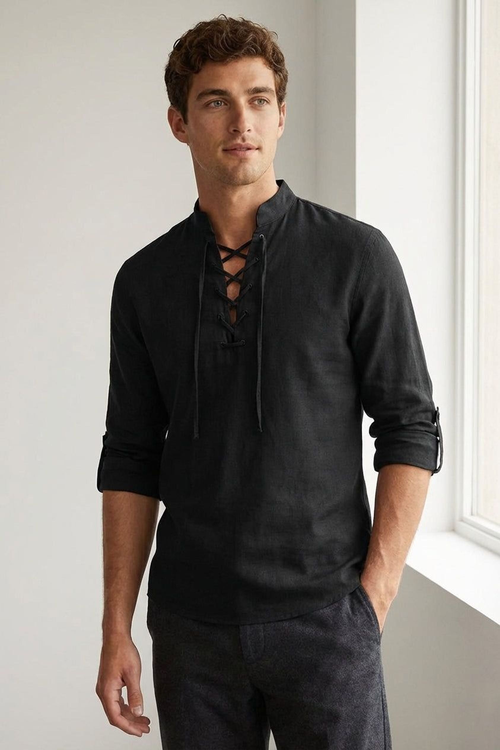 Lucien Brask | Men's Lace-Up Long Sleeve Shirt