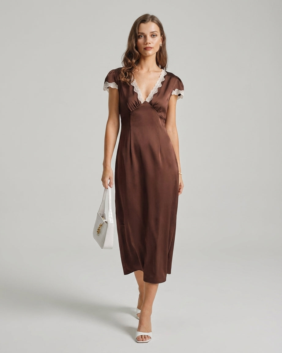 Mila Green | Brown Satin V Neck Maxi Dress