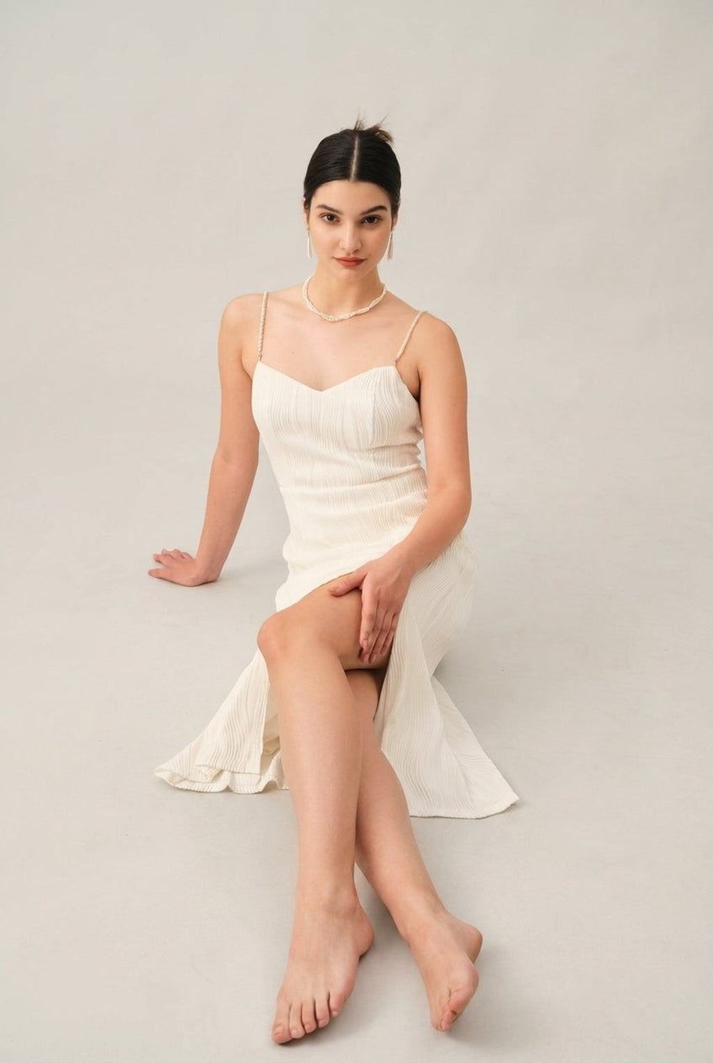 Elodie Varn | Women's Wave Textured Pearl Strap Midi Dress