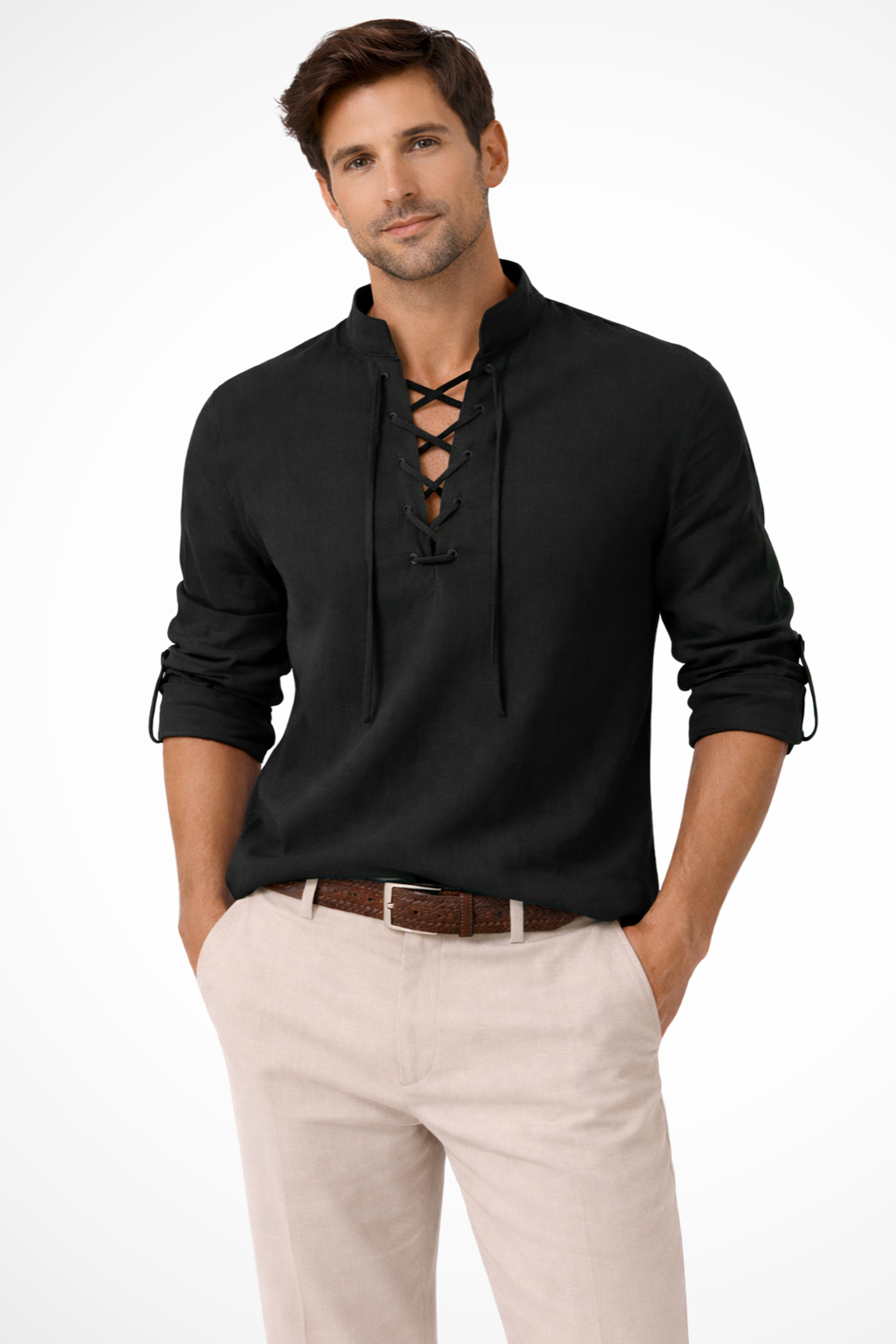 Ronan Vex | Men's Linen Lace-Up Casual Shirt
