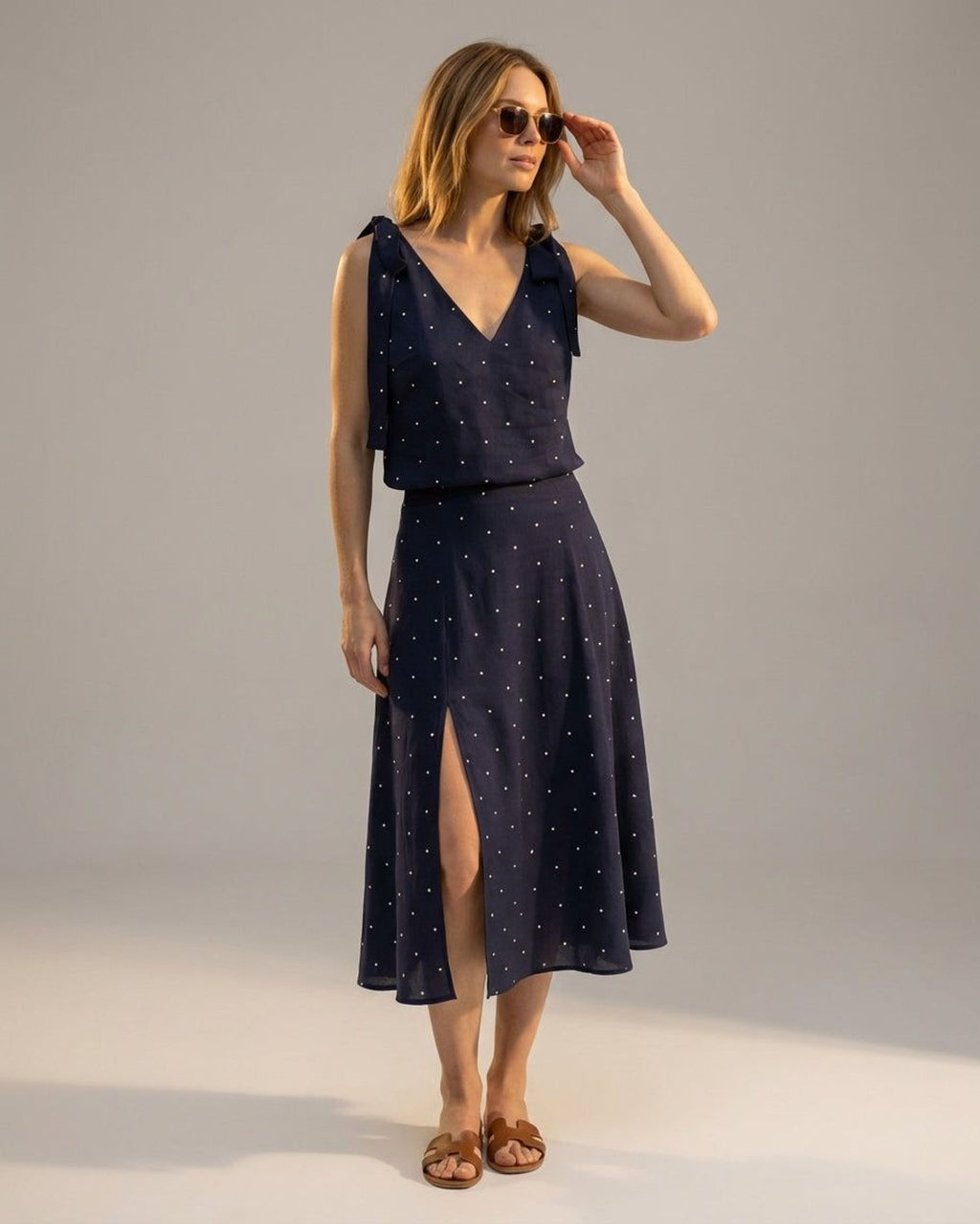 Elena Voss | Women's Navy Polka Dot Midi Skirt