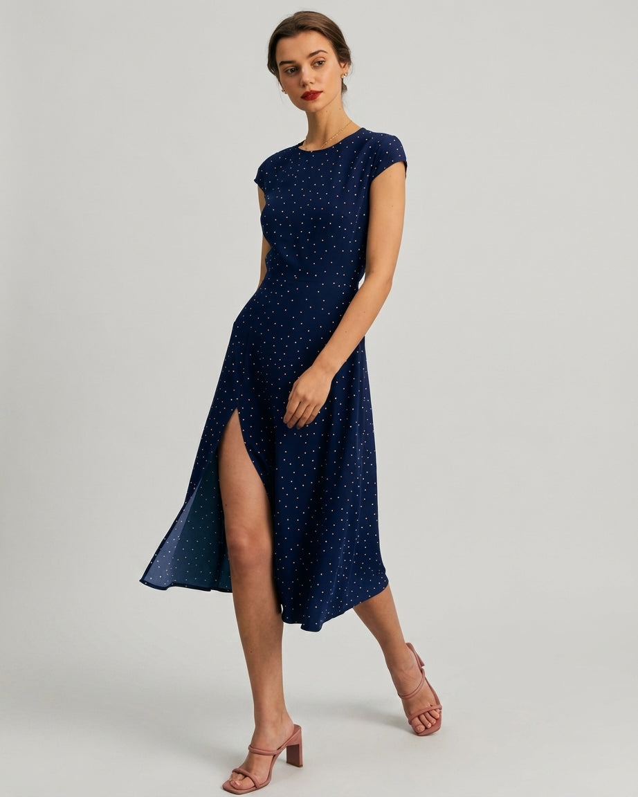 Mila Green | Navy Polka Dot Cutout Midi Dress