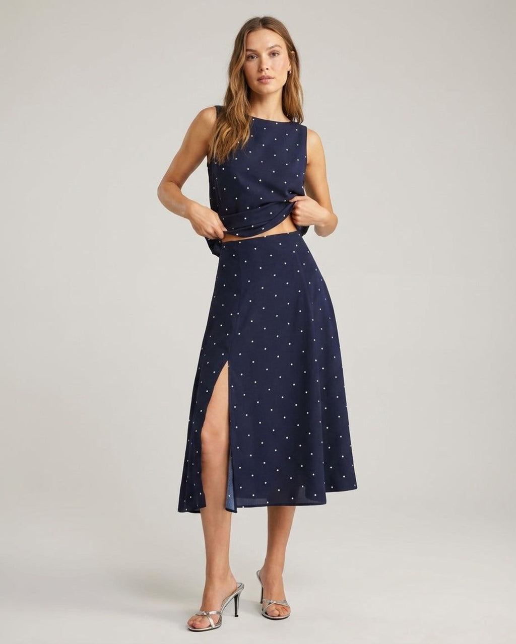 Elena Voss | Women's Navy Polka Dot Midi Skirt