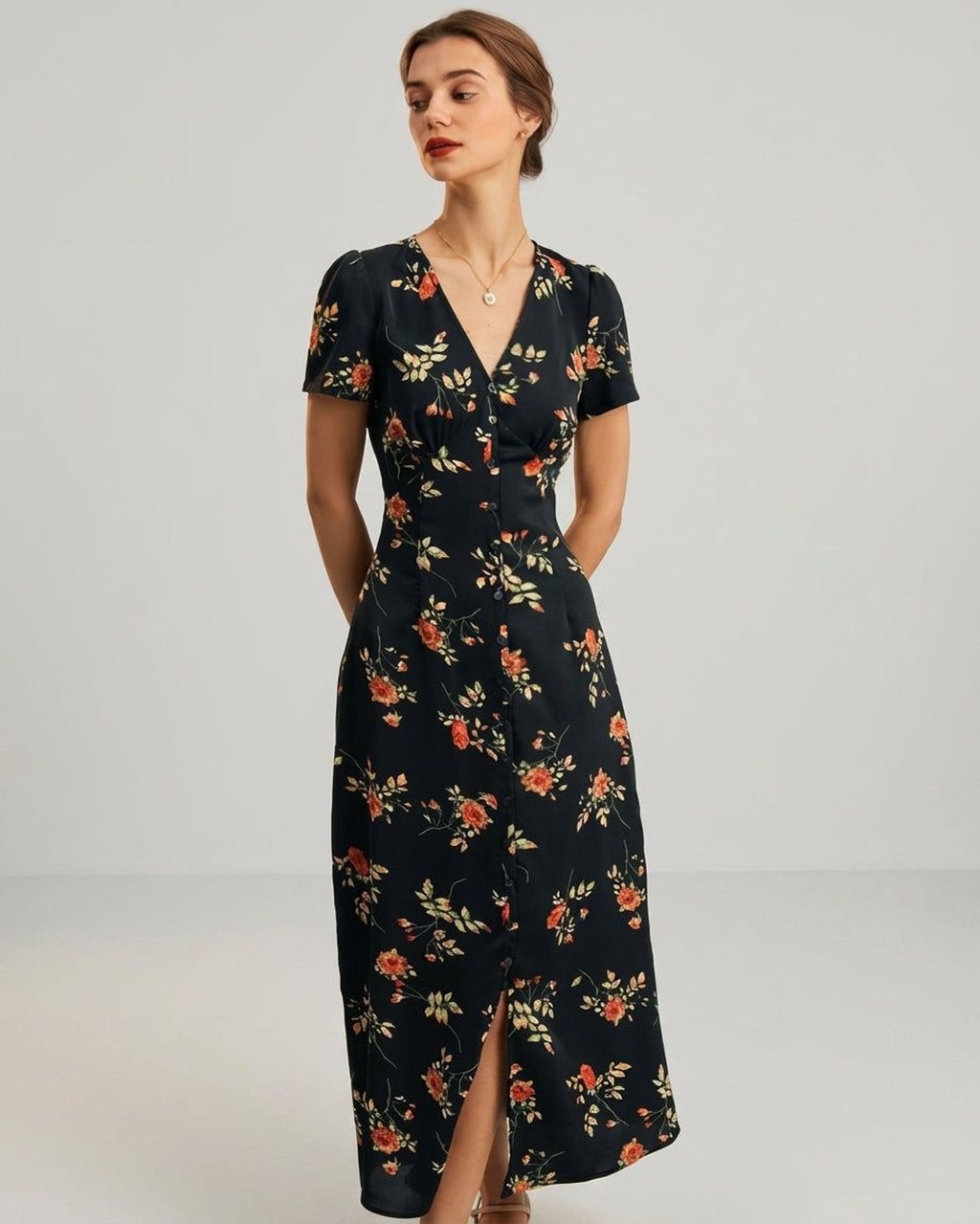 Elodie Varn | Women's Black Floral V Neck Maxi Dress