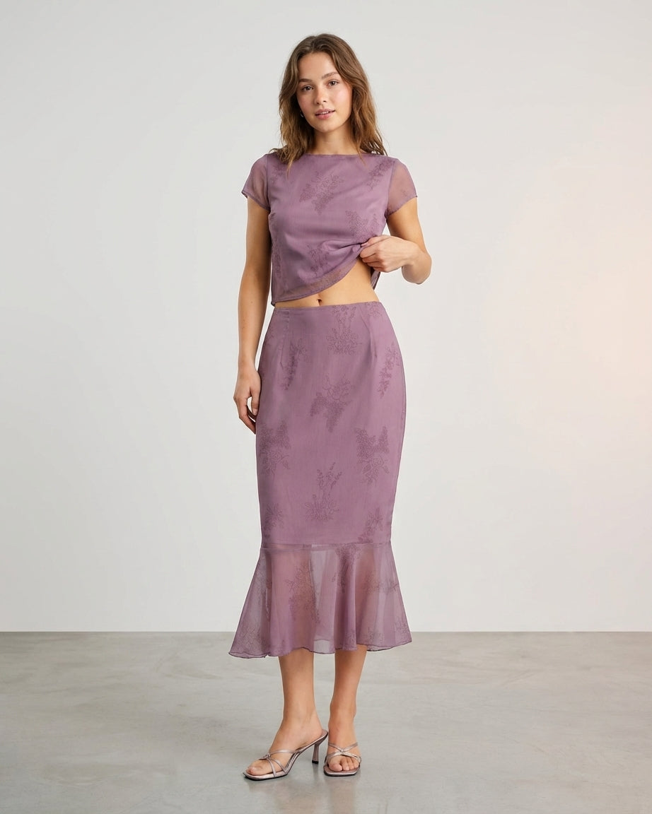 Mila Green | Purple Floral Mermaid Midi Skirt