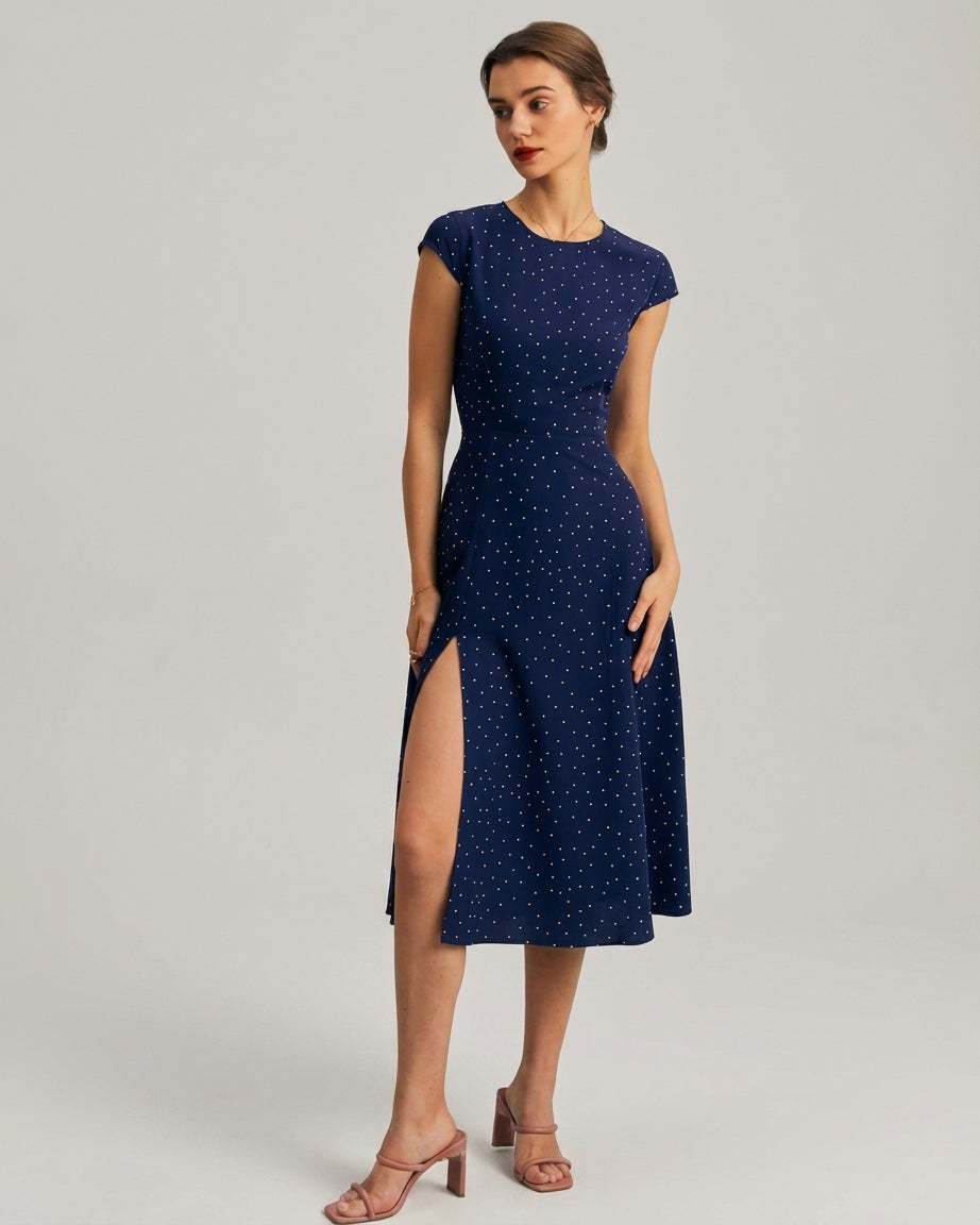 Mila Green | Navy Polka Dot Cutout Midi Dress