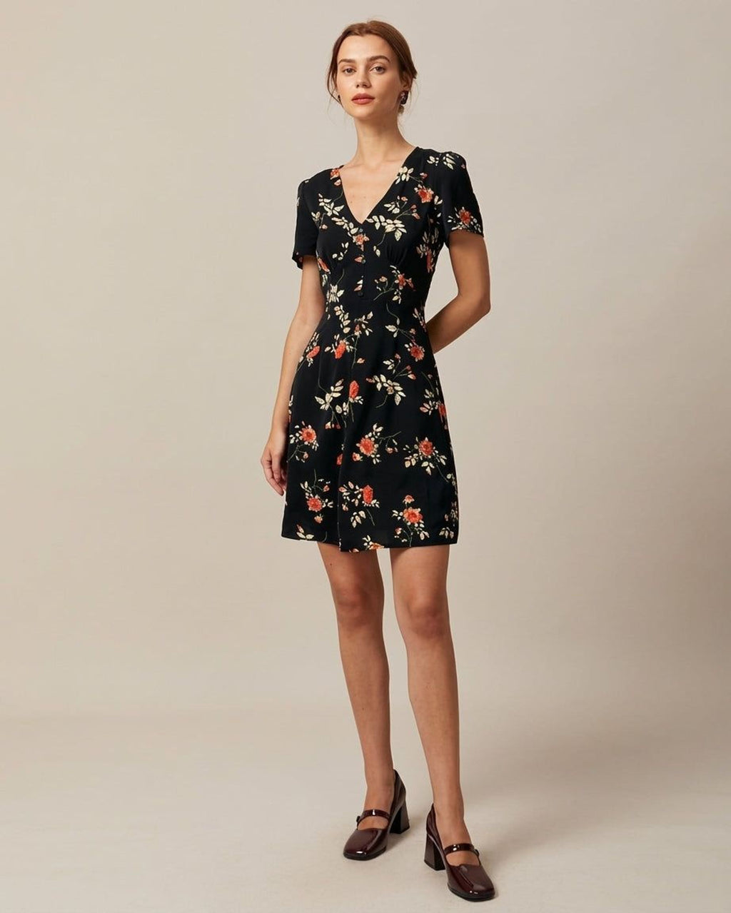 Léa Vance | Women's Black Floral Button Up Mini Dress