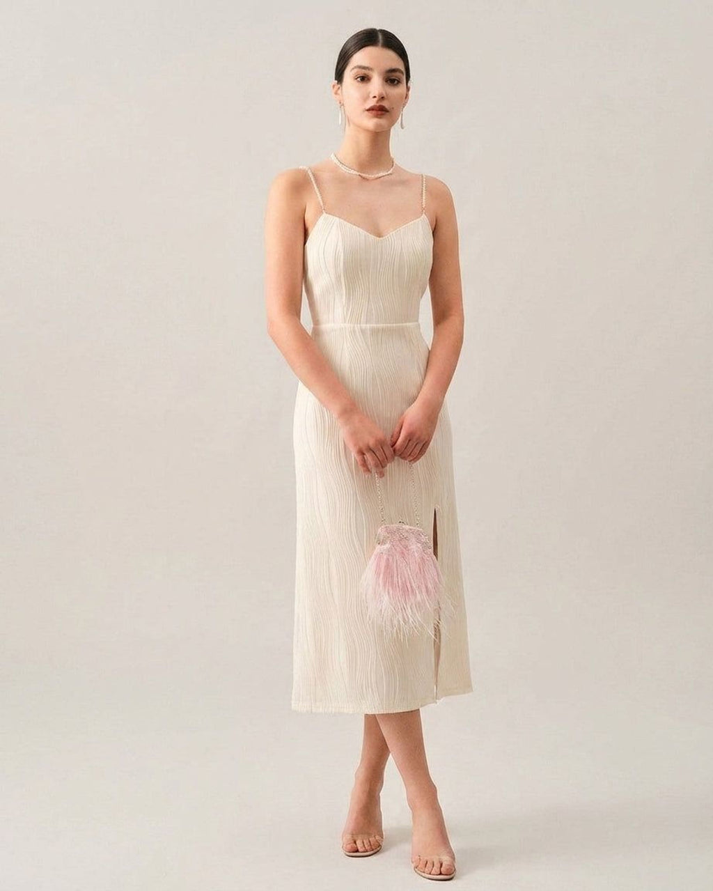 Elodie Varn | Women's Wave Textured Pearl Strap Midi Dress