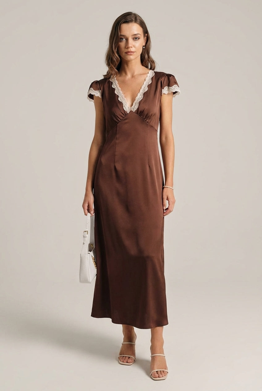 Mila Green | Brown Satin V Neck Maxi Dress