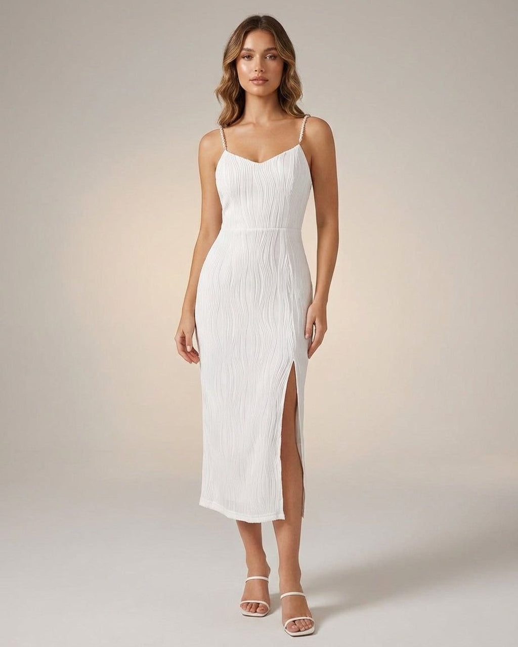 Elodie Varn | Women's Wave Textured Pearl Strap Midi Dress