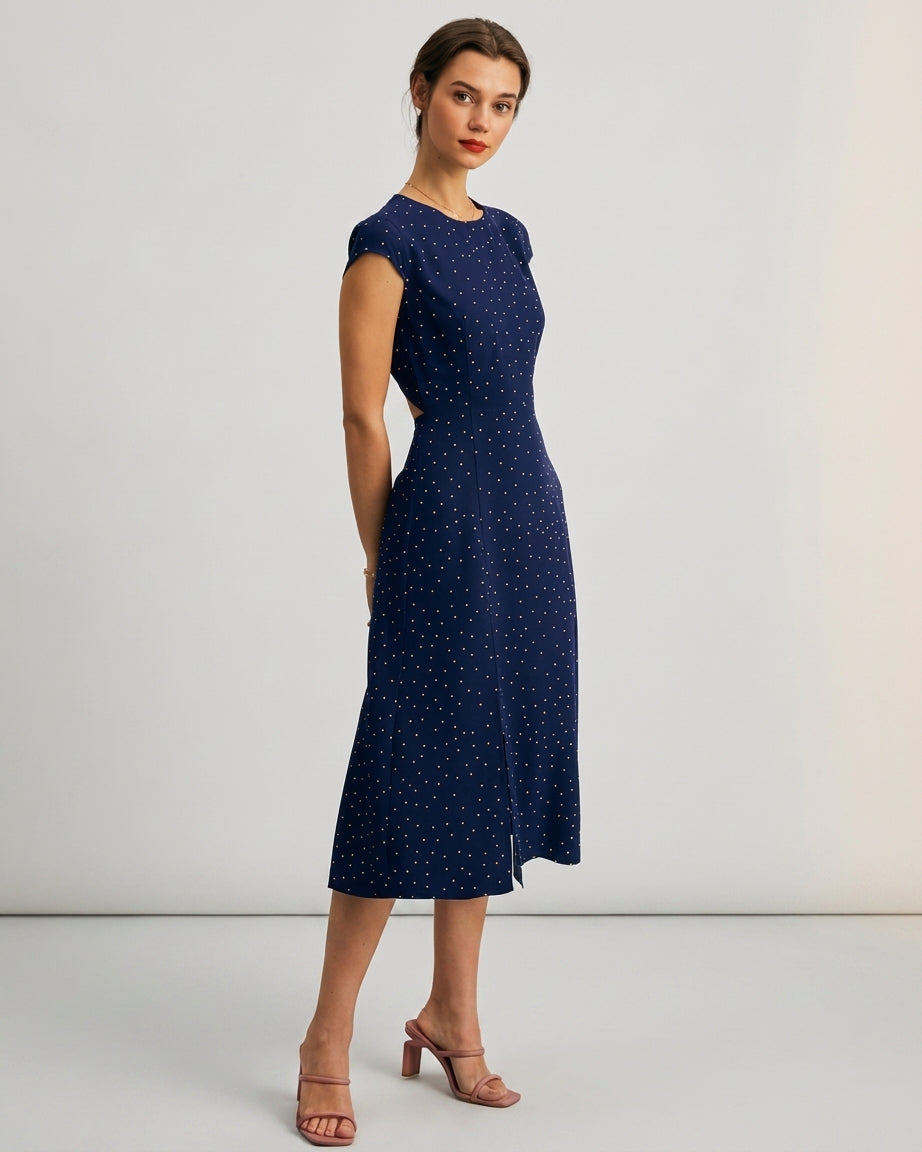 Mila Green | Navy Polka Dot Cutout Midi Dress