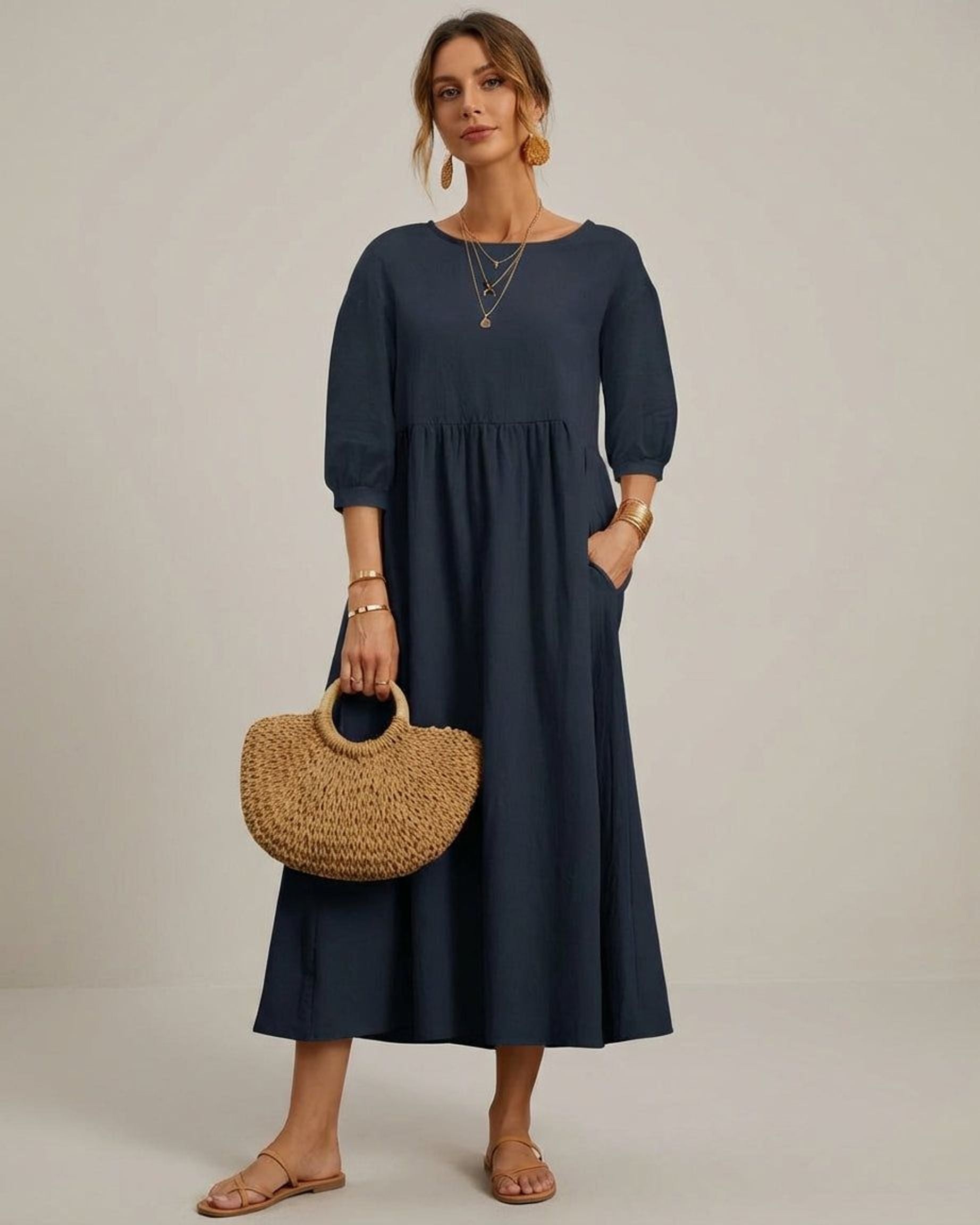Celeste Brin | Women's Cotton Linen Midi Dress