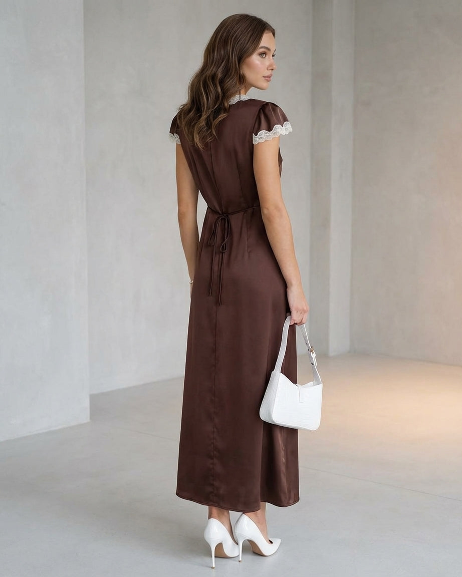 Mila Green | Brown Satin V Neck Maxi Dress