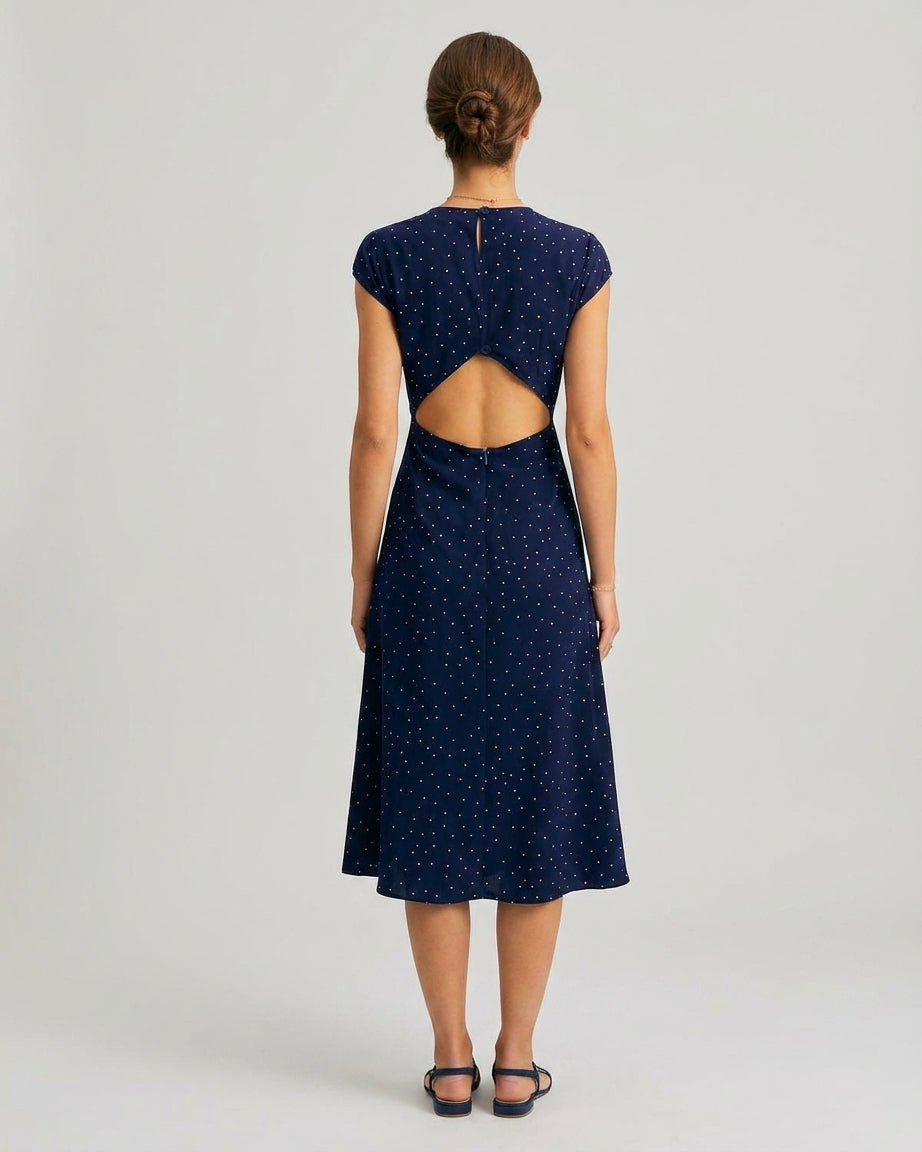Mila Green | Navy Polka Dot Cutout Midi Dress