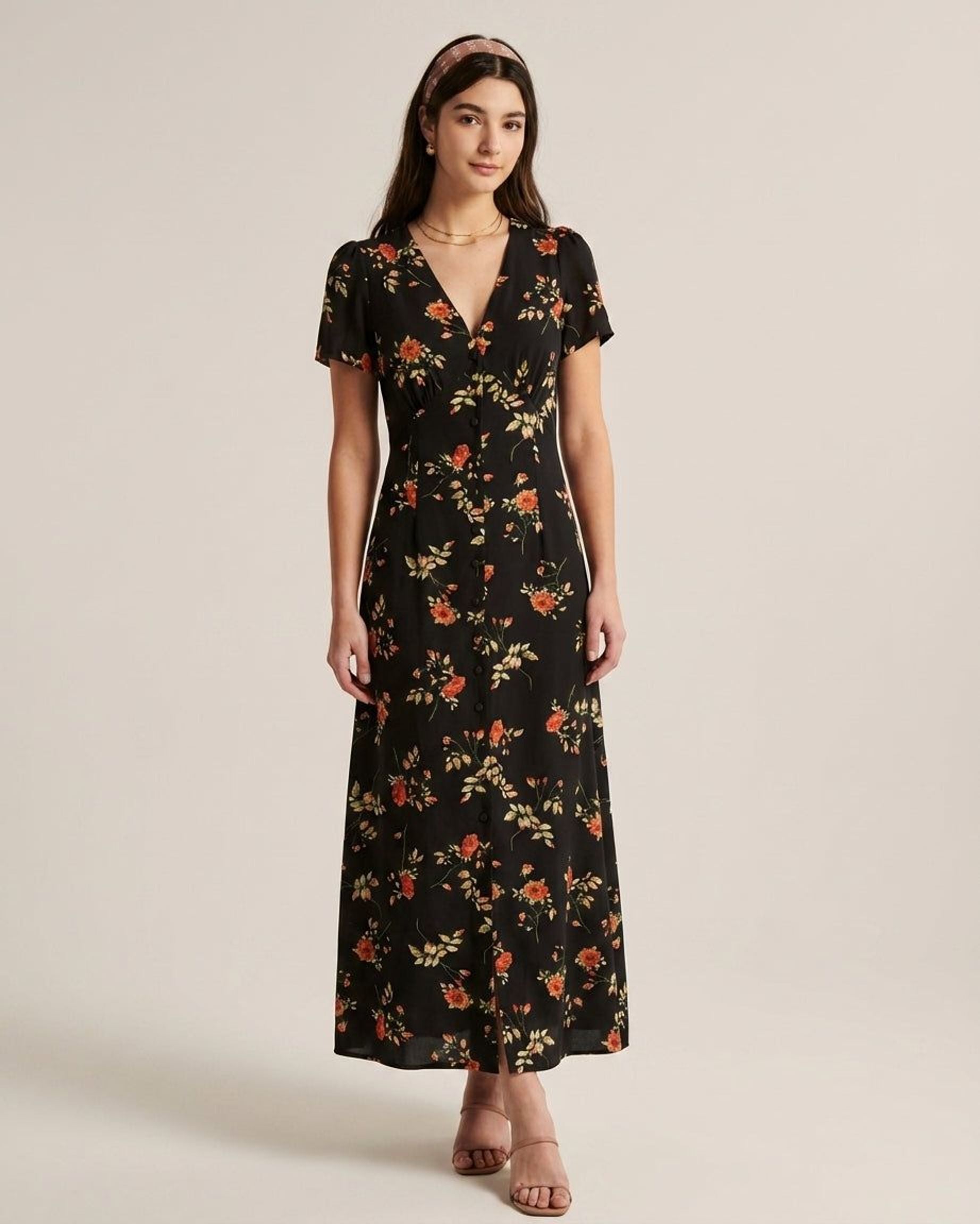 Elodie Varn | Women's Black Floral V Neck Maxi Dress