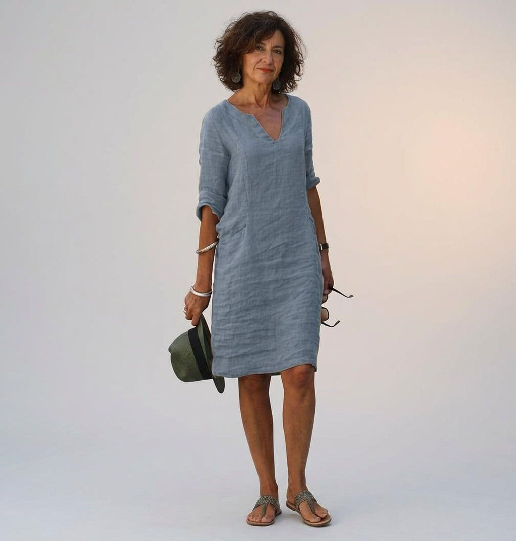 Céleste Vire | Women's Linen V-Neck Relaxed Dress