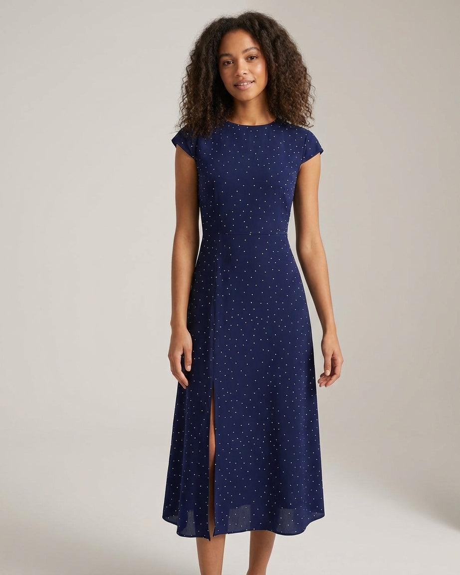 Mila Green | Navy Polka Dot Cutout Midi Dress