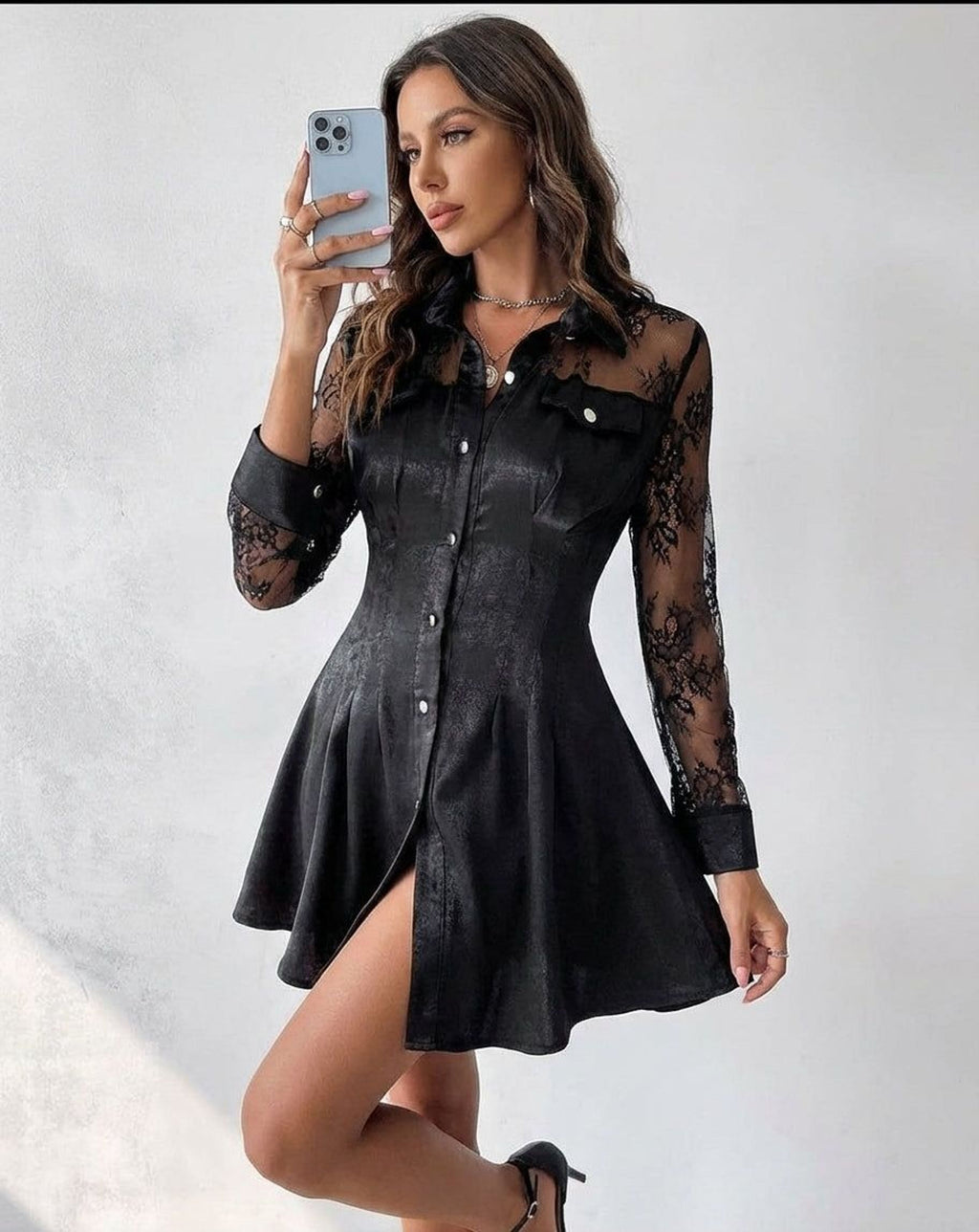 Claudine Valt | Women's Long Sleeve Lace Shirt Dress