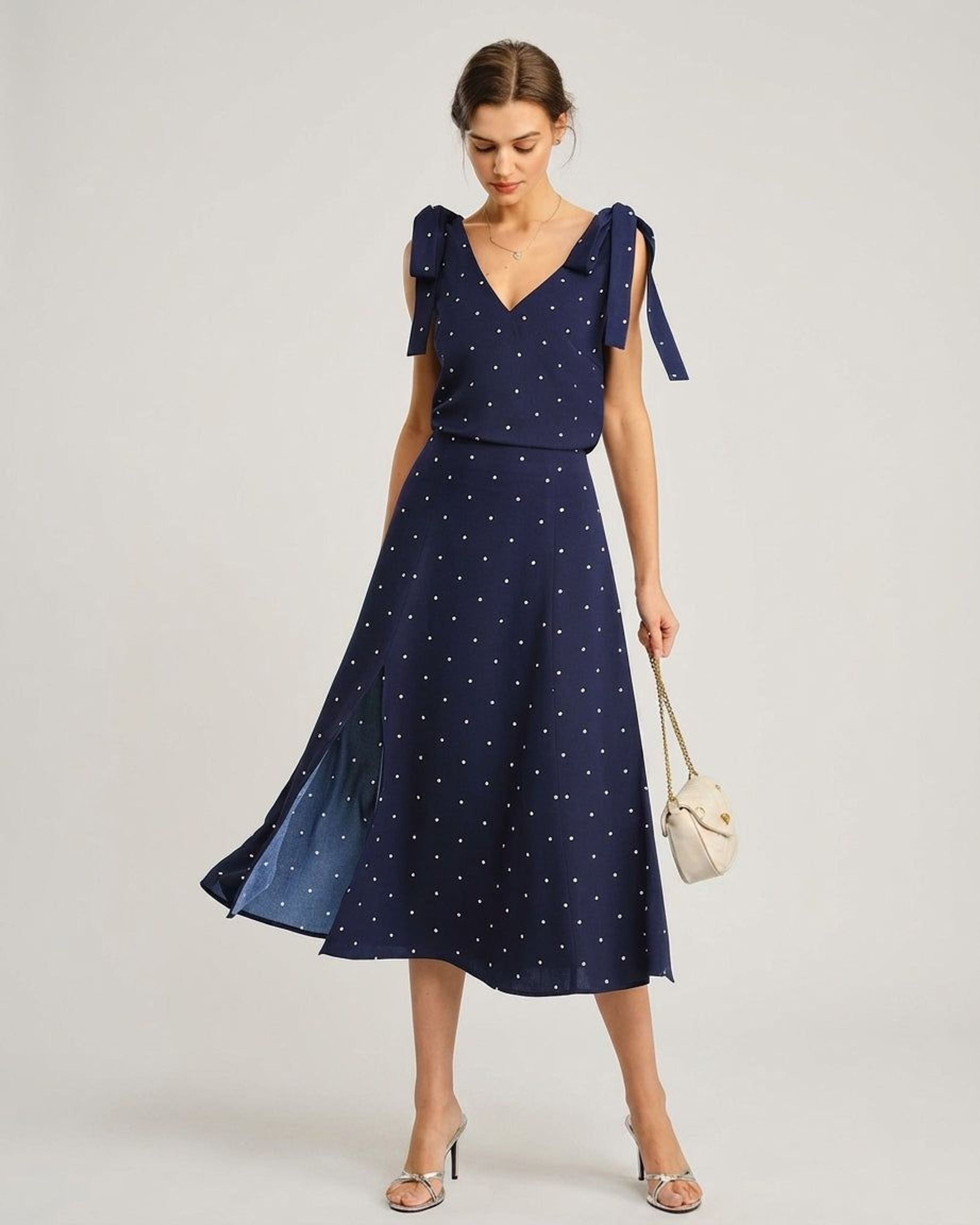 Elena Voss | Women's Navy Polka Dot Midi Skirt