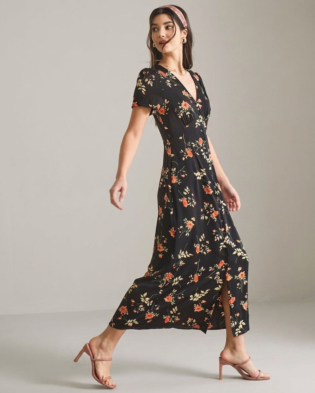 Elodie Varn | Women's Black Floral V Neck Maxi Dress