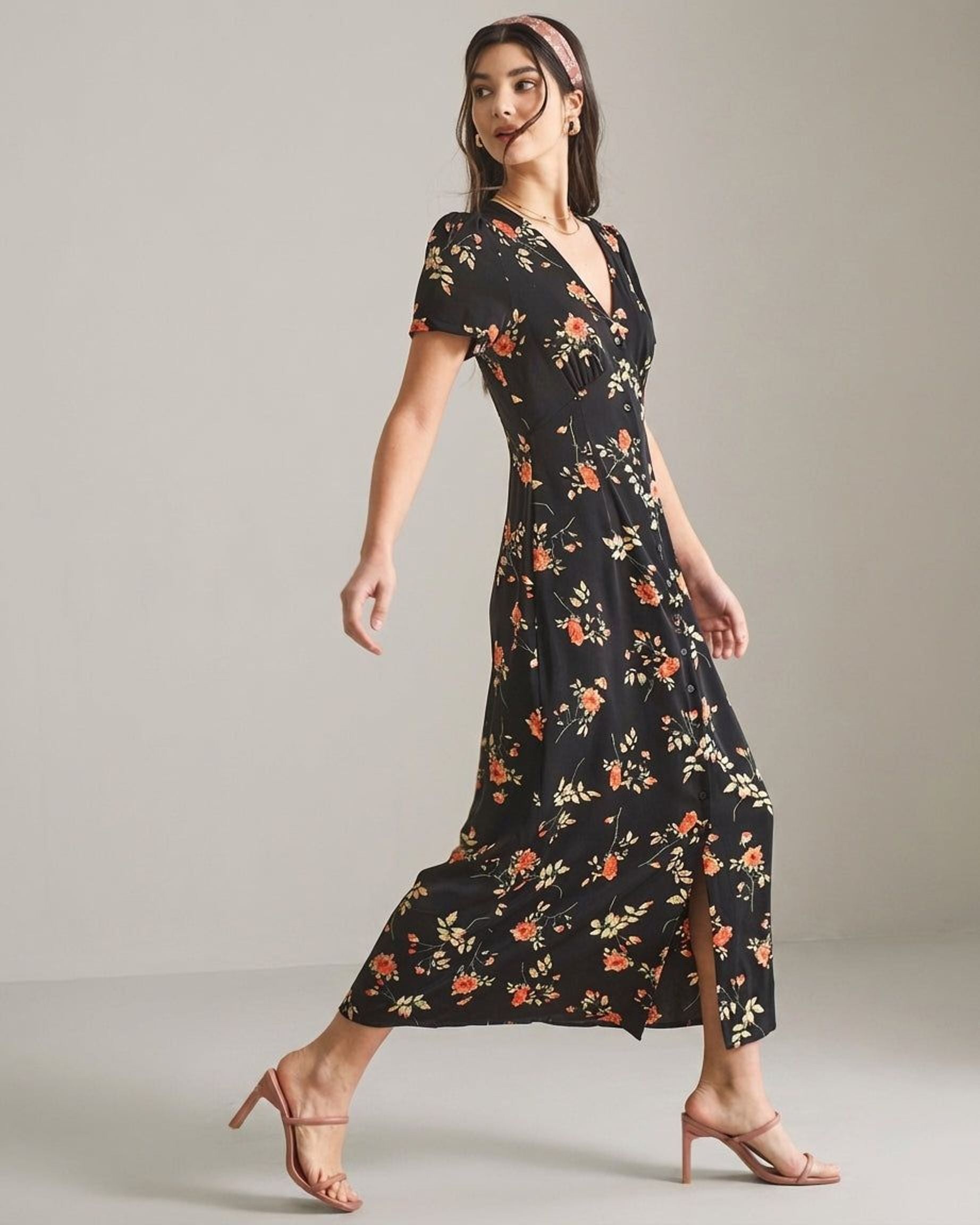 Elodie Varn | Women's Black Floral V Neck Maxi Dress