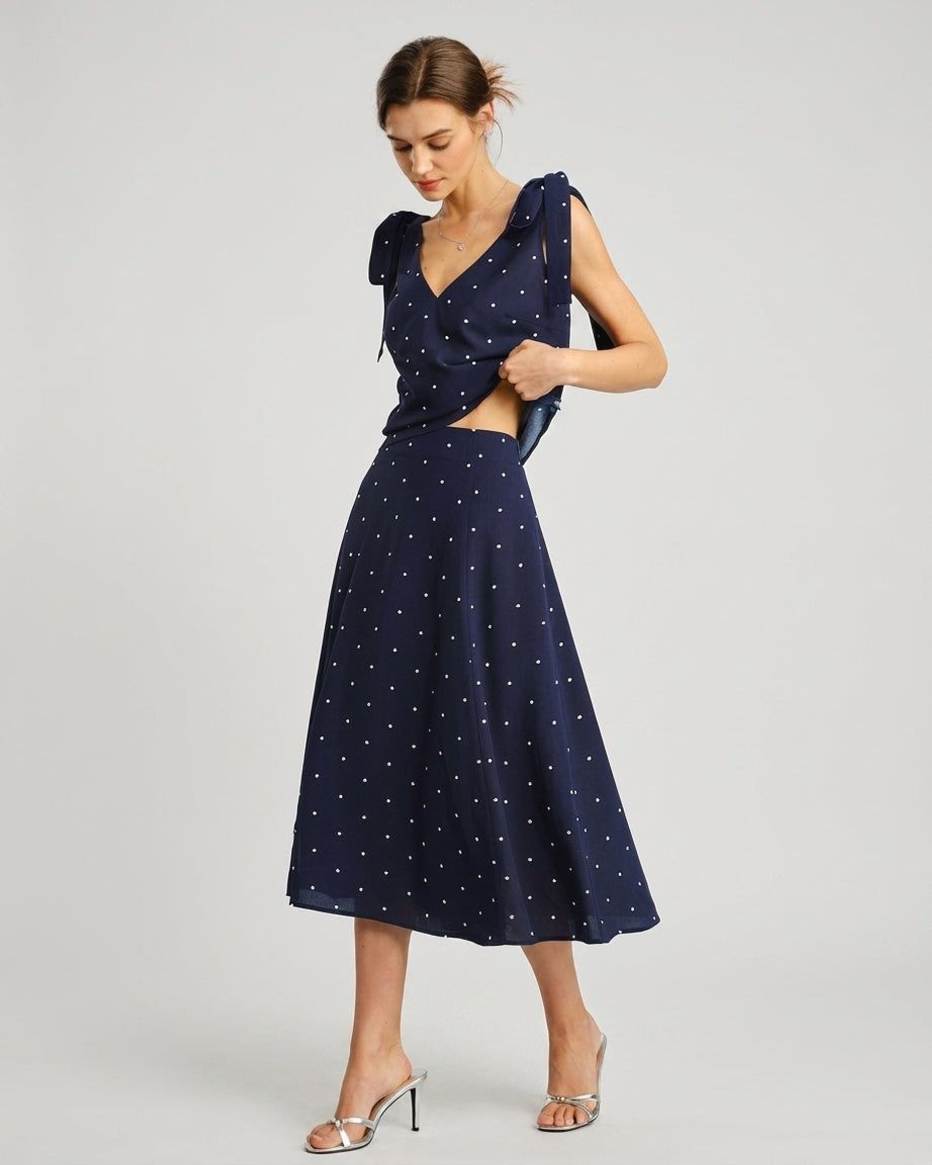 Elena Voss | Women's Navy Polka Dot Midi Skirt