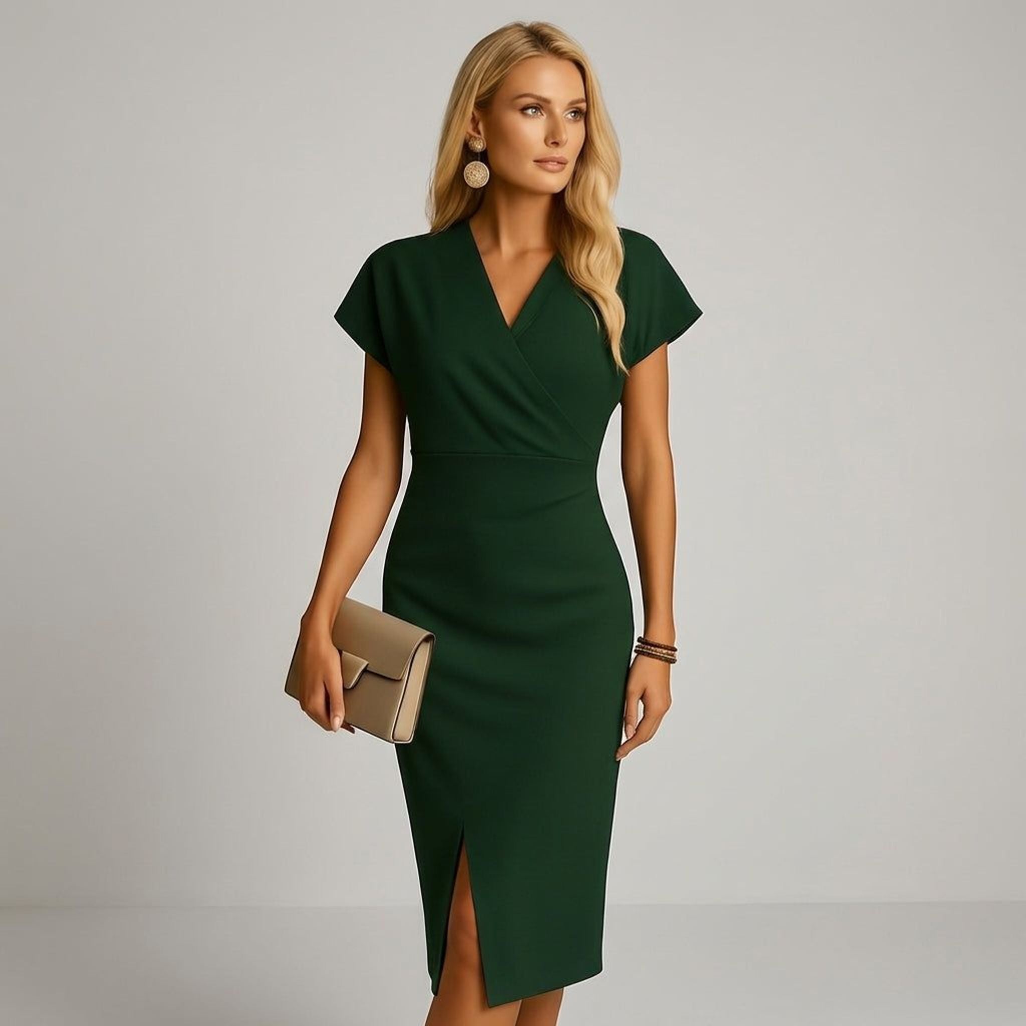 Elena Tress | Women's Midi Dress V-Neck Front Split